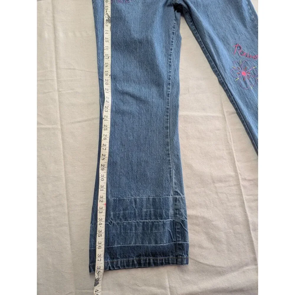 No Boundaries Juniors 11 Y2K Flower Power Embroidered Wide Leg Jeans 100% Cotton